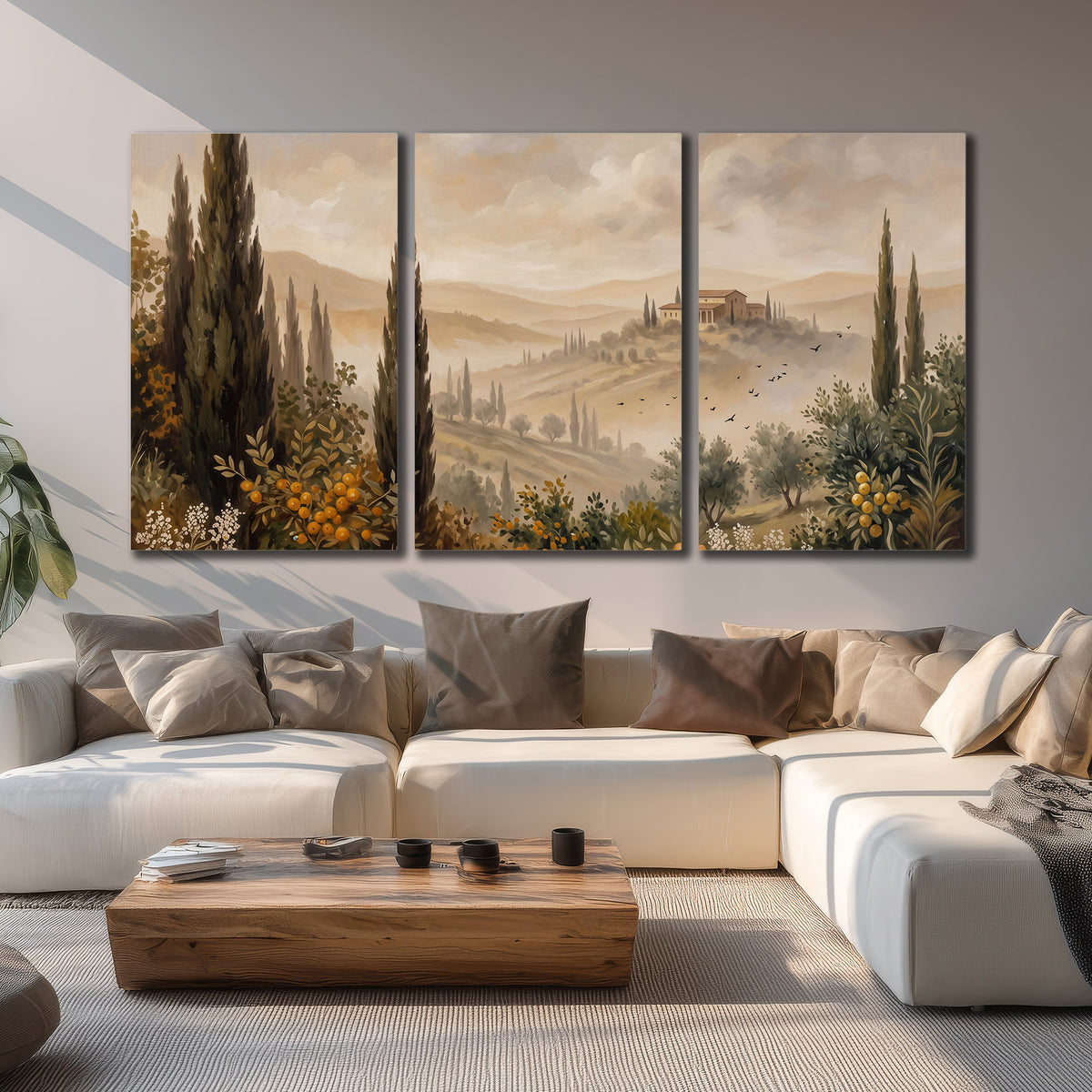 Cypress trees, distant villas and warm rolling hills 3 piece canvas wall art displayed in a living room