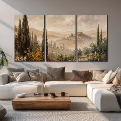 Cypress trees, distant villas and warm rolling hills 3 piece canvas wall art displayed in a living room