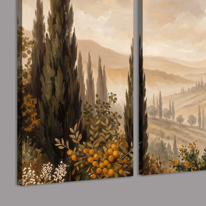 Cypress trees, distant villas and warm rolling hills 3 piece canvas wall art room and product view