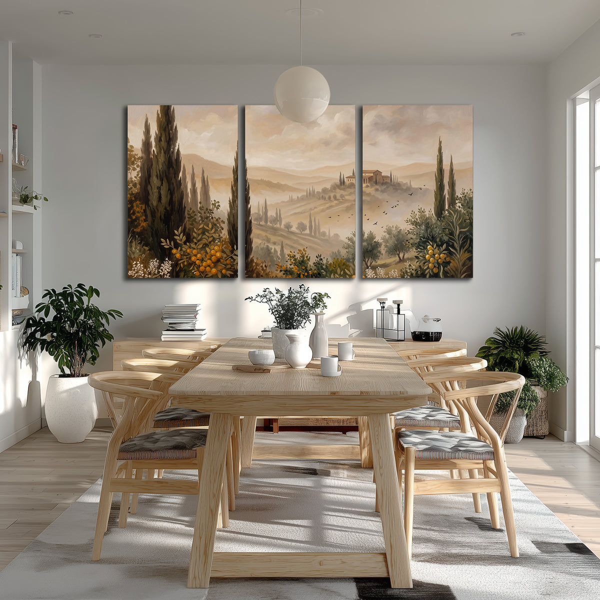 Cypress trees, distant villas and warm rolling hills 3 piece canvas wall art room and product view