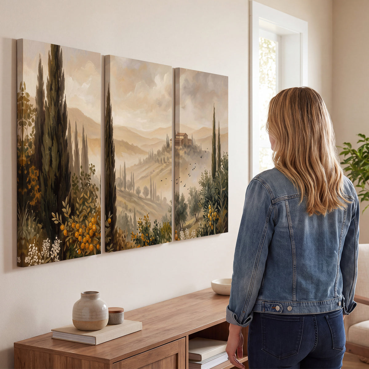 Cypress trees, distant villas and warm rolling hills 3 piece canvas wall art three panel arrangement on a wall