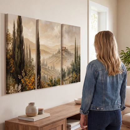 Cypress trees, distant villas and warm rolling hills 3 piece canvas wall art three panel arrangement on a wall