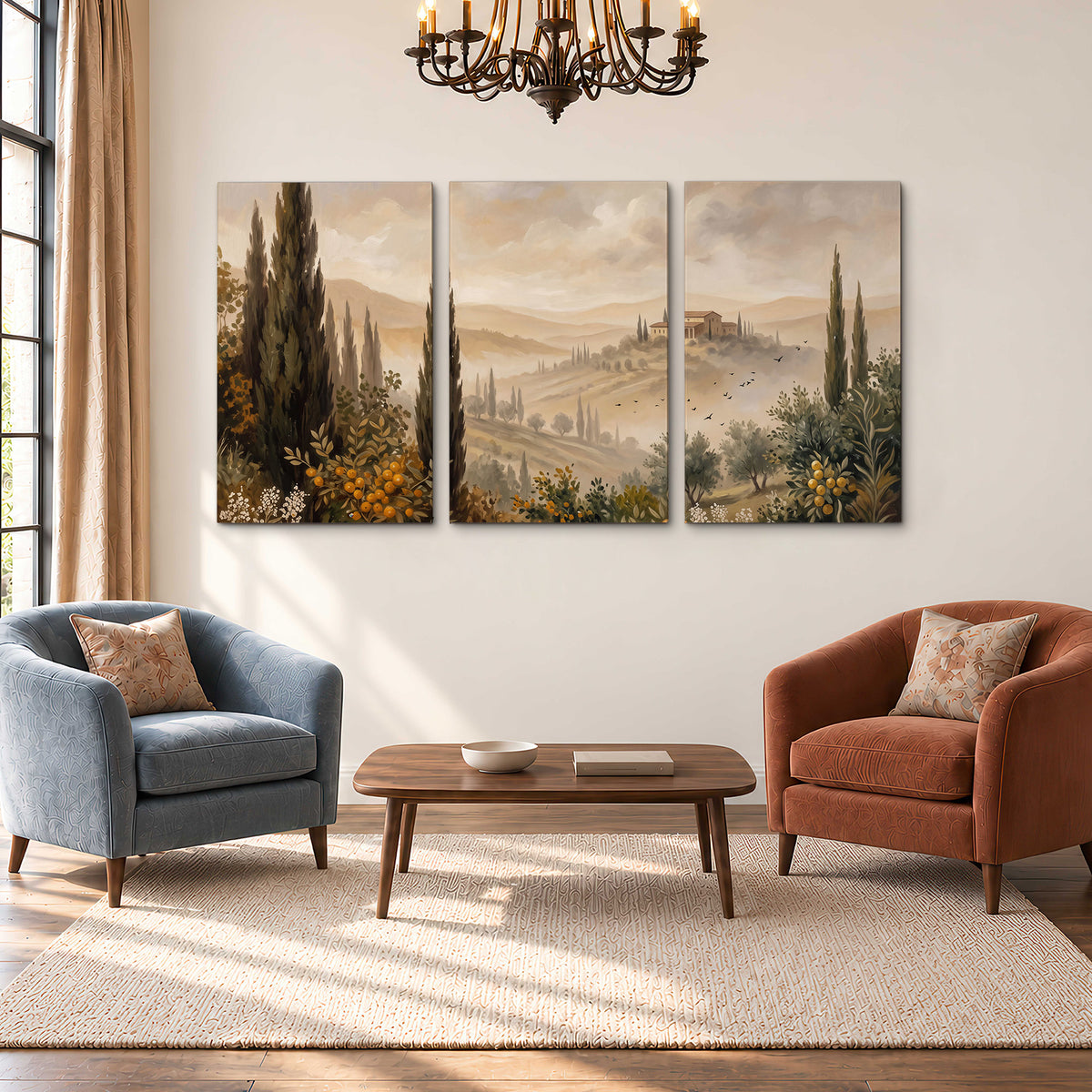 Cypress trees, distant villas and warm rolling hills 3 piece canvas wall art styled in an interior