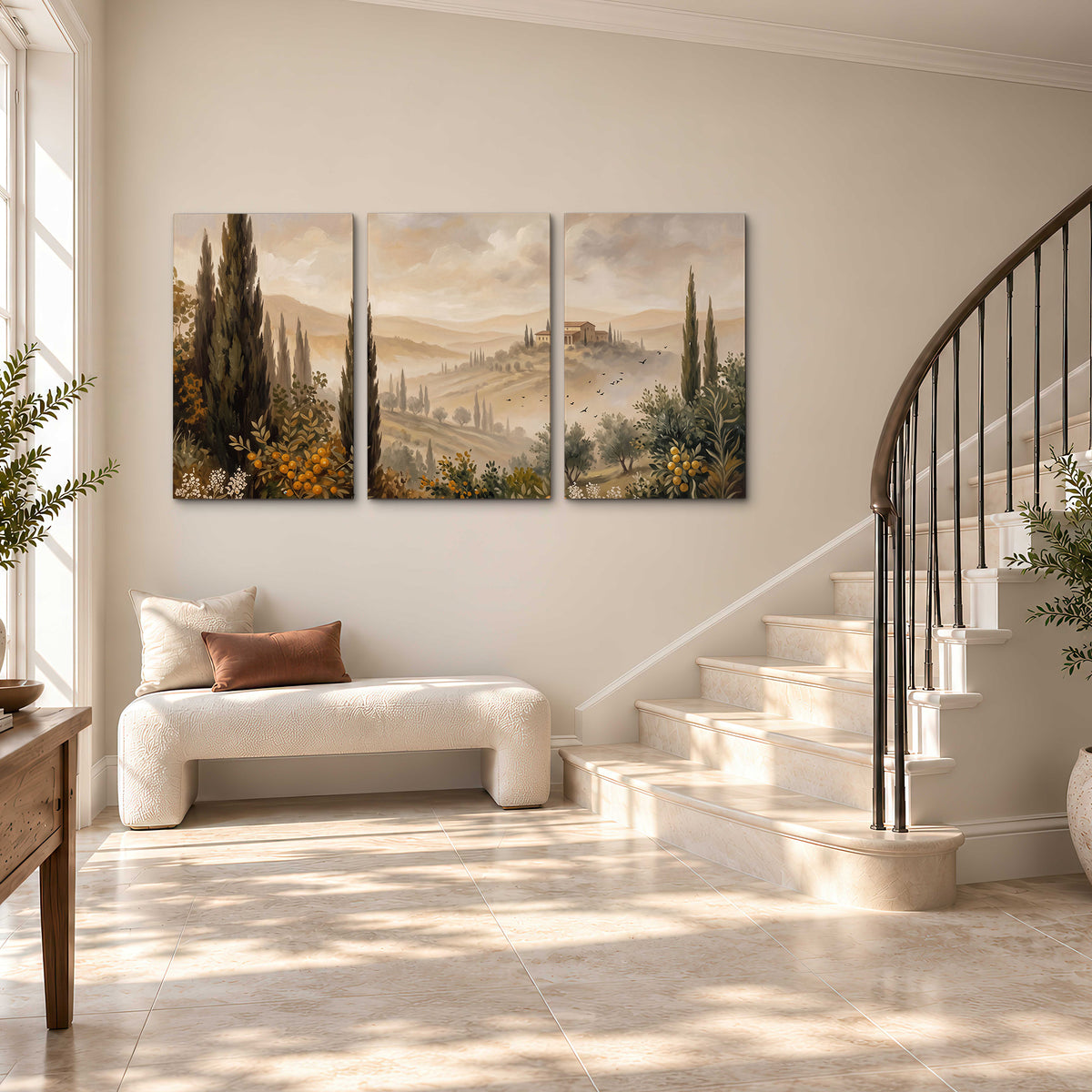 Cypress trees, distant villas and warm rolling hills 3 piece canvas wall art styled in an interior