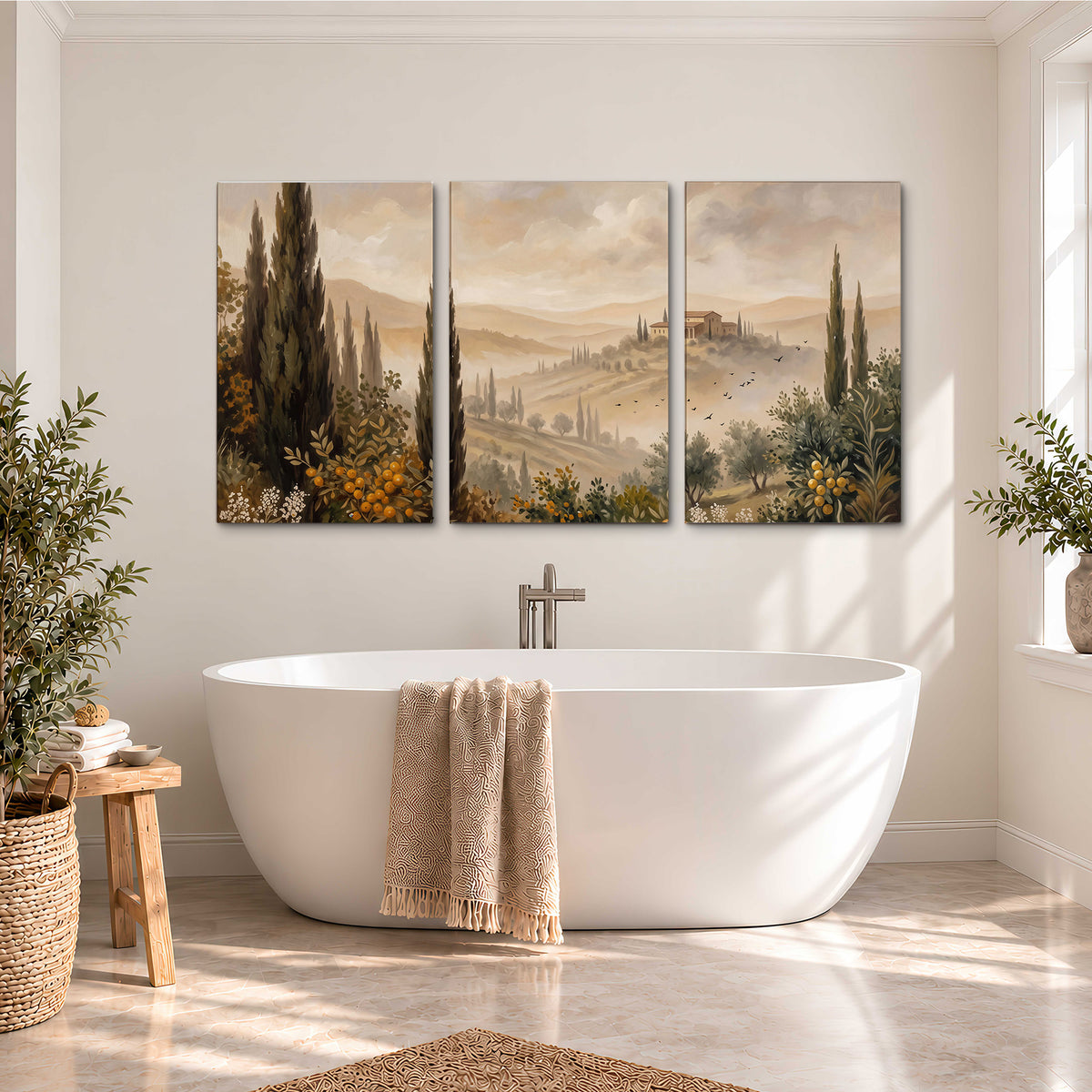 Cypress trees, distant villas and warm rolling hills 3 piece canvas wall art styled in an interior