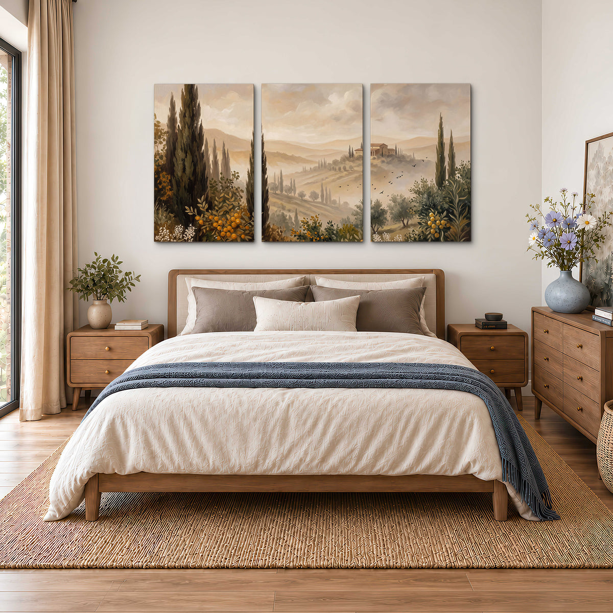 Cypress trees, distant villas and warm rolling hills 3 piece canvas wall art styled in an interior