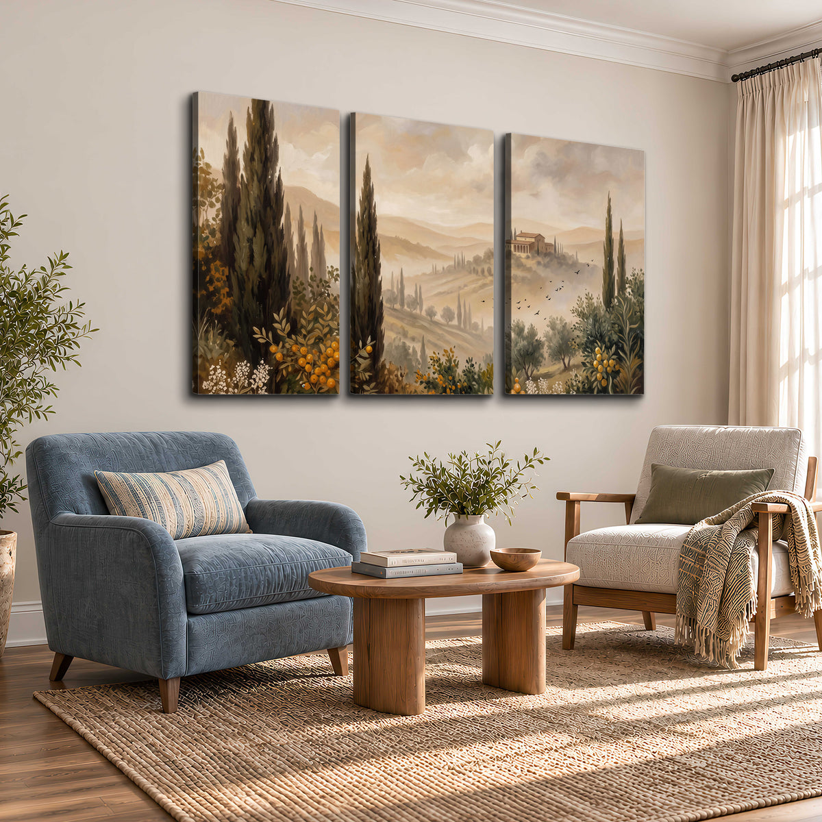Cypress trees, distant villas and warm rolling hills 3 piece canvas wall art styled in an interior