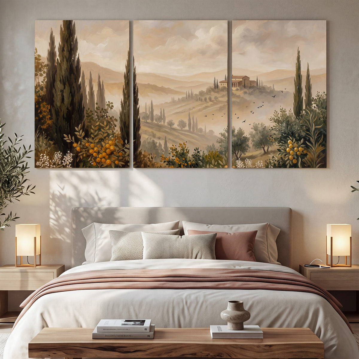 Cypress trees, distant villas and warm rolling hills 3 piece canvas wall art displayed in a bedroom