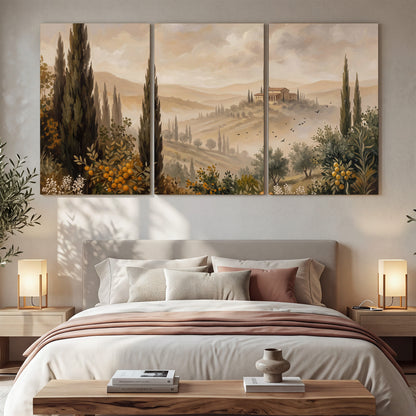 Cypress trees, distant villas and warm rolling hills 3 piece canvas wall art displayed in a bedroom