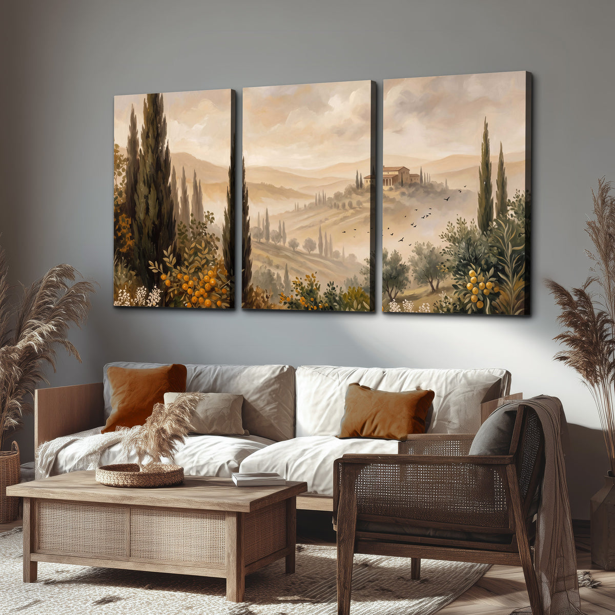 Cypress trees, distant villas and warm rolling hills 3 piece canvas wall art displayed in a rustic living room