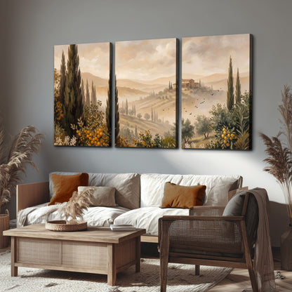 Cypress trees, distant villas and warm rolling hills 3 piece canvas wall art displayed in a rustic living room