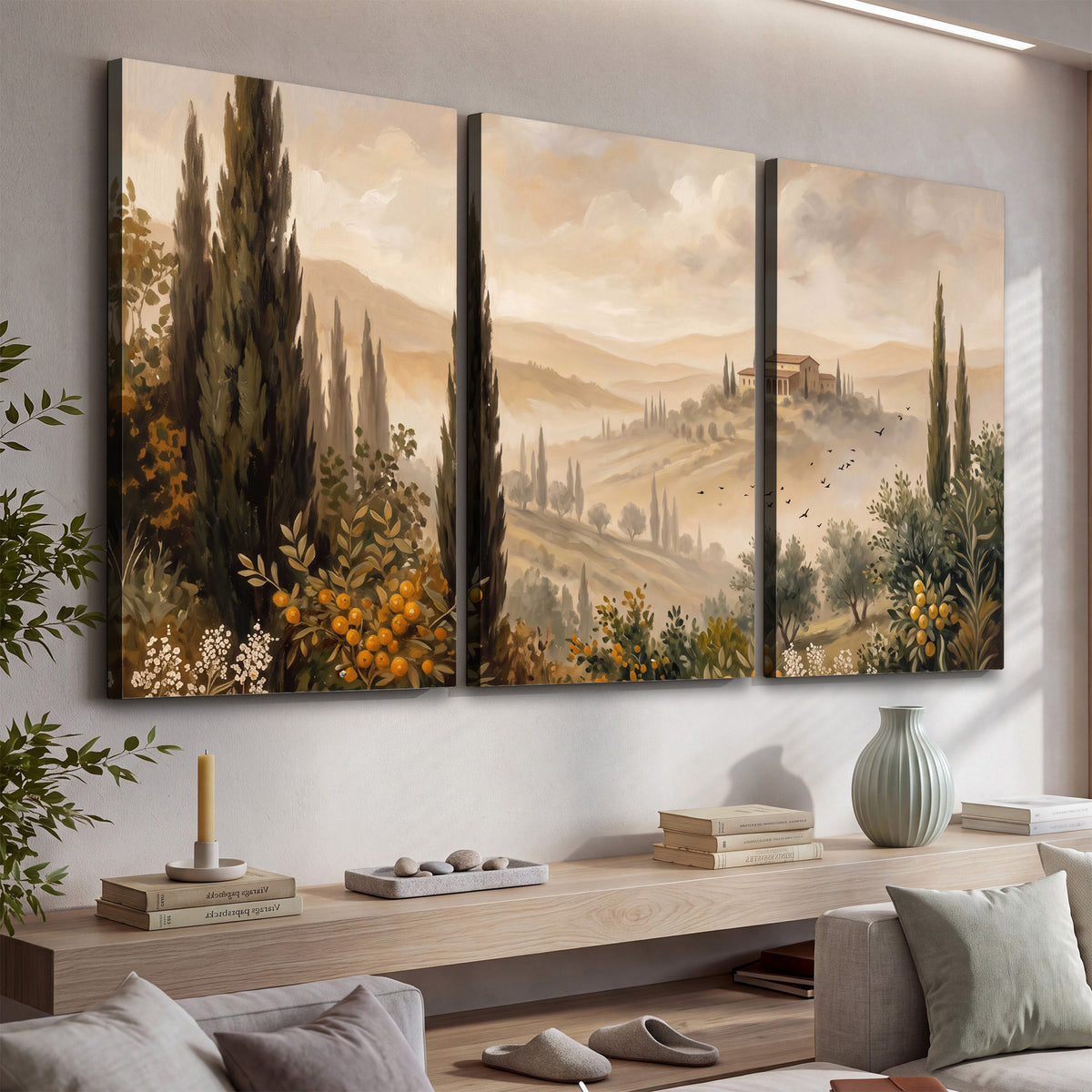 Cypress trees, distant villas and warm rolling hills 3 piece canvas wall art displayed in a console