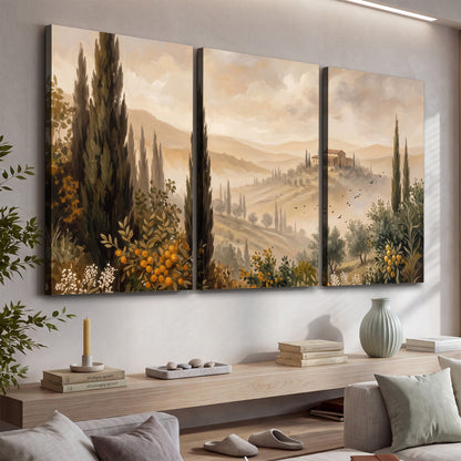 Cypress trees, distant villas and warm rolling hills 3 piece canvas wall art displayed in a console