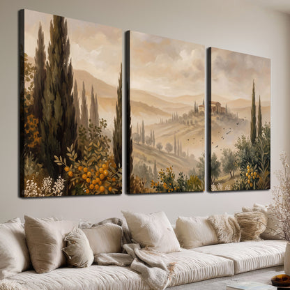 Cypress trees, distant villas and warm rolling hills 3 piece canvas wall art room and product view
