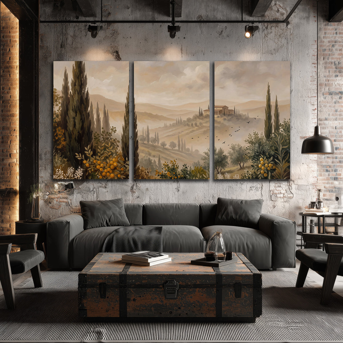 Cypress trees, distant villas and warm rolling hills 3 piece canvas wall art displayed in a industrial room