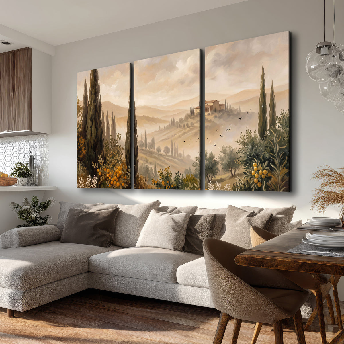 Cypress trees, distant villas and warm rolling hills 3 piece canvas wall art room and product view