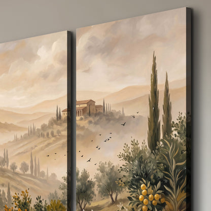 Cypress trees, distant villas and warm rolling hills 3 piece canvas wall art room and product view