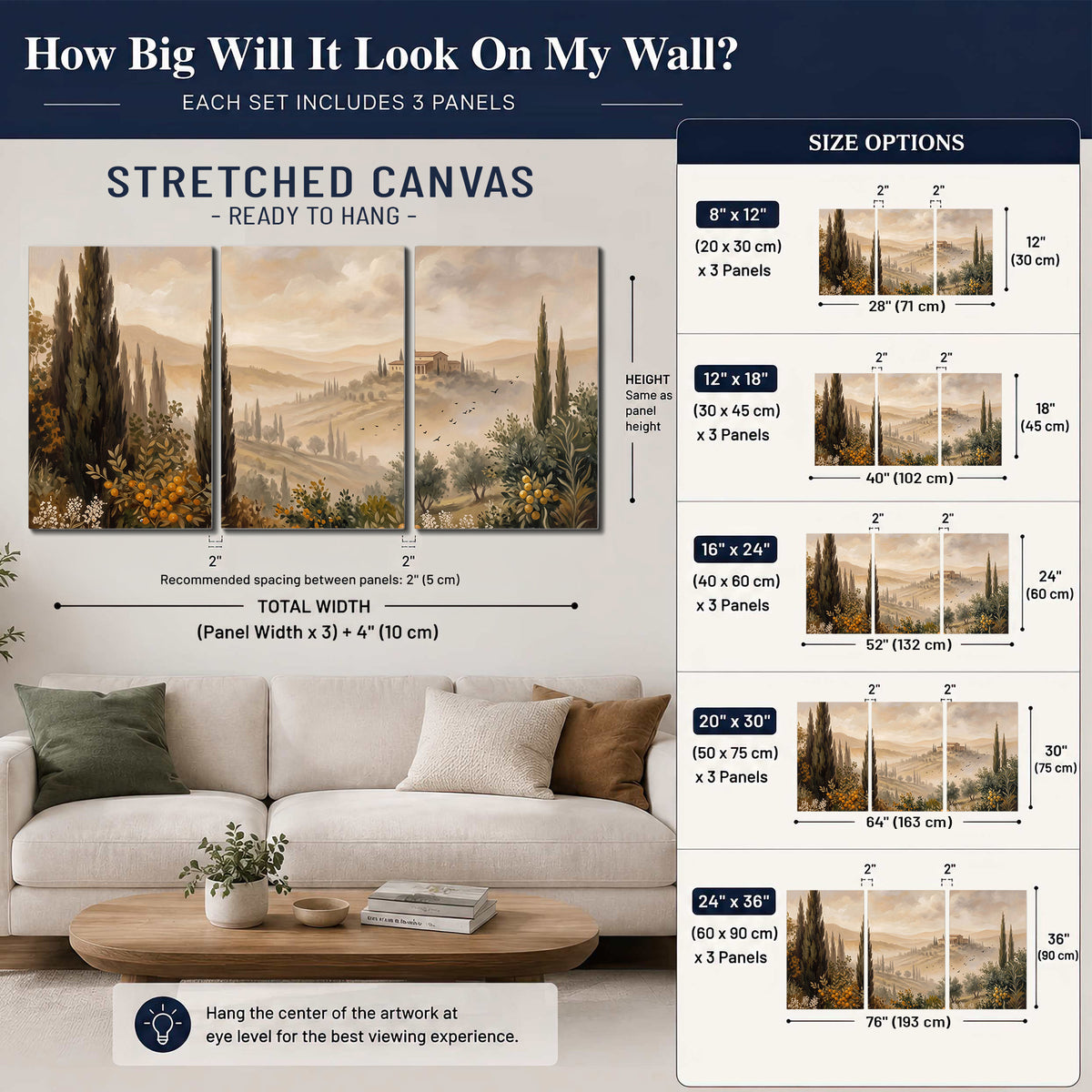 Cypress trees, distant villas and warm rolling hills 3 piece canvas wall art size guide above a sofa; room view is illustrative