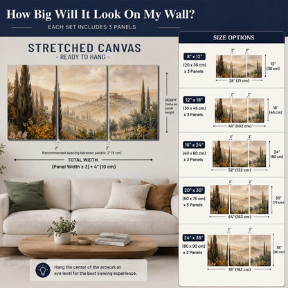 Cypress trees, distant villas and warm rolling hills 3 piece canvas wall art size guide above a sofa; room view is illustrative