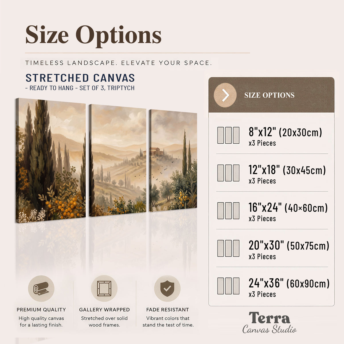 Cypress trees, distant villas and warm rolling hills 3 piece canvas wall art available dimensions; triptych dimensions are per panel