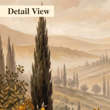 Cypress trees, distant villas and warm rolling hills 3 piece canvas wall art artwork detail close up