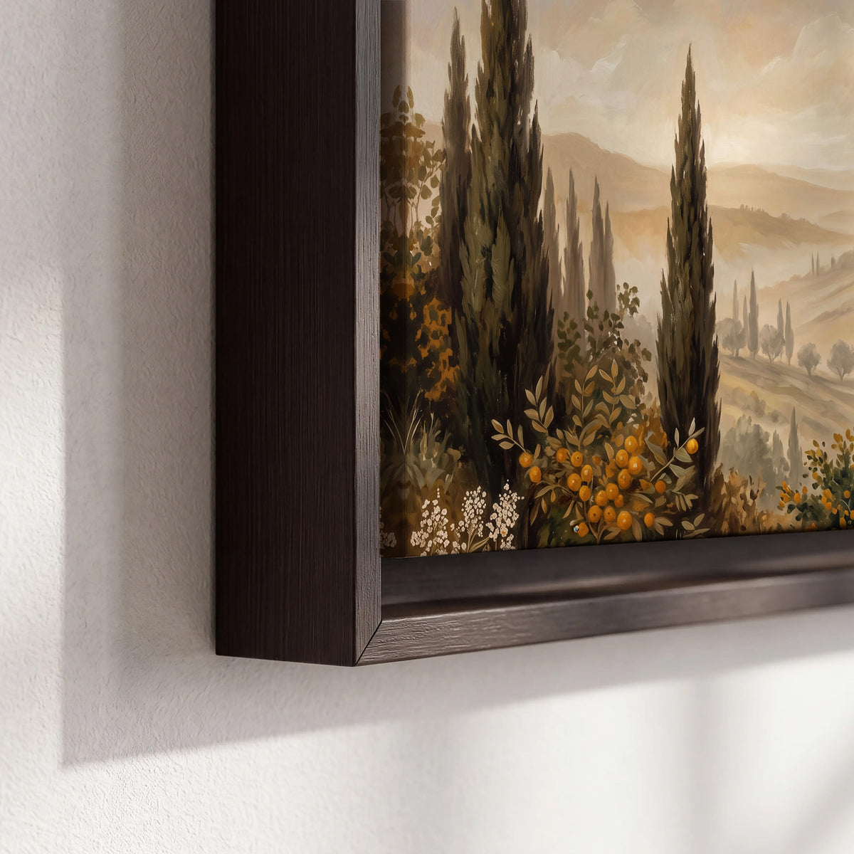 Cypress trees, distant villas and warm rolling hills 3 piece framed canvas wall art material and edge close up