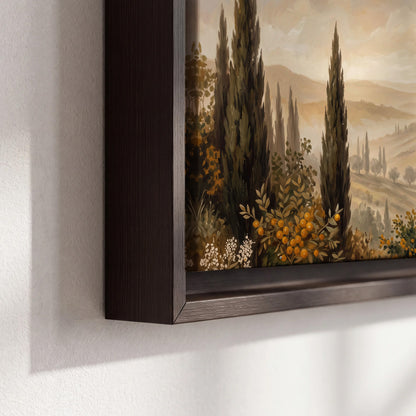 Cypress trees, distant villas and warm rolling hills 3 piece framed canvas wall art material and edge close up