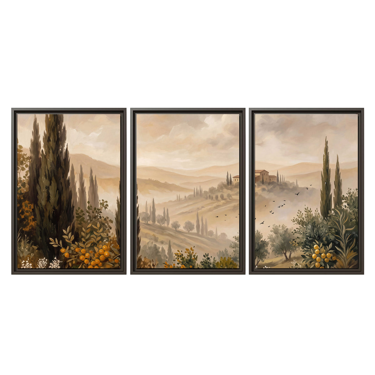 Cypress trees, distant villas and warm rolling hills 3 piece framed canvas wall art viewed straight on