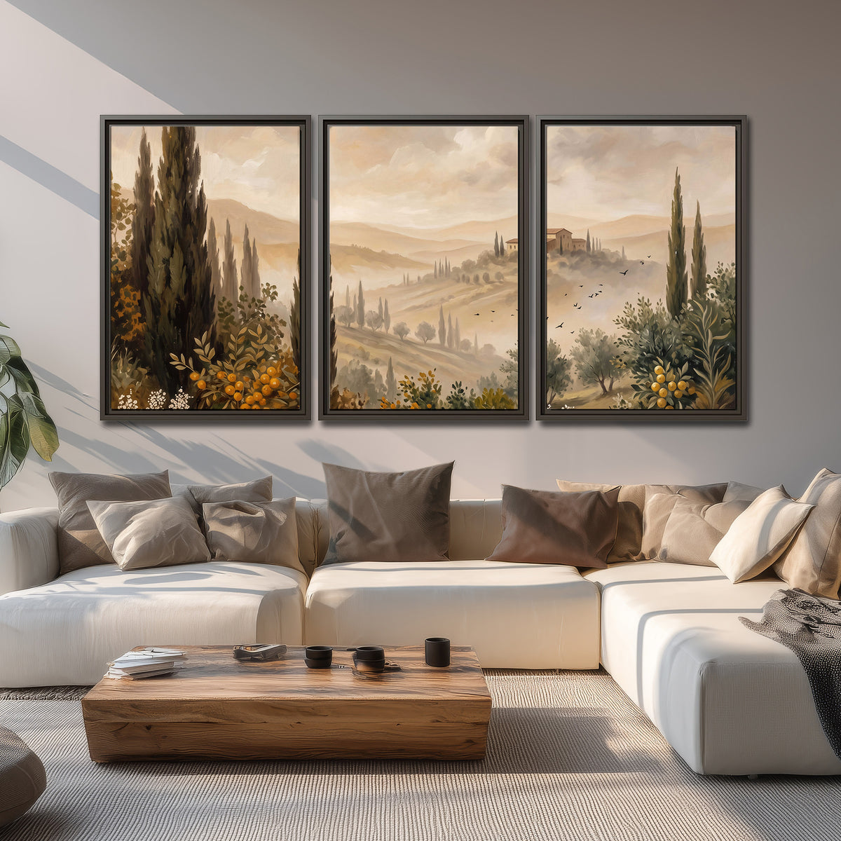 Cypress trees, distant villas and warm rolling hills 3 piece framed canvas wall art displayed in a living room