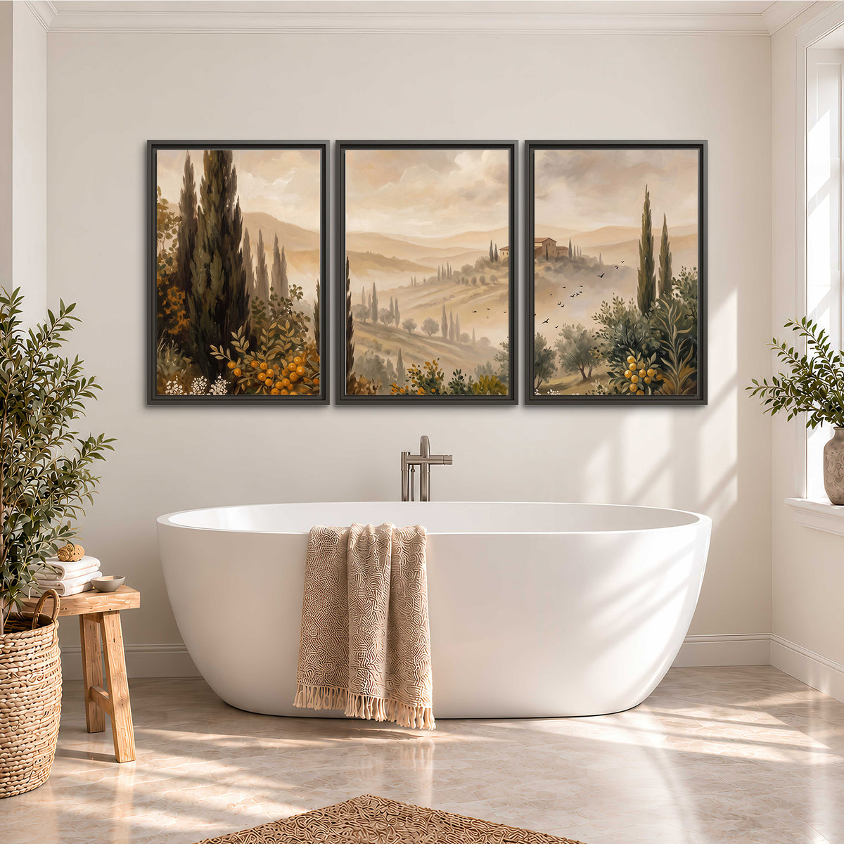 Cypress trees, distant villas and warm rolling hills 3 piece framed canvas wall art styled in an interior
