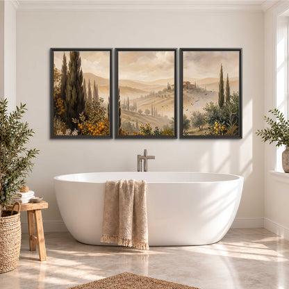 Cypress trees, distant villas and warm rolling hills 3 piece framed canvas wall art styled in an interior