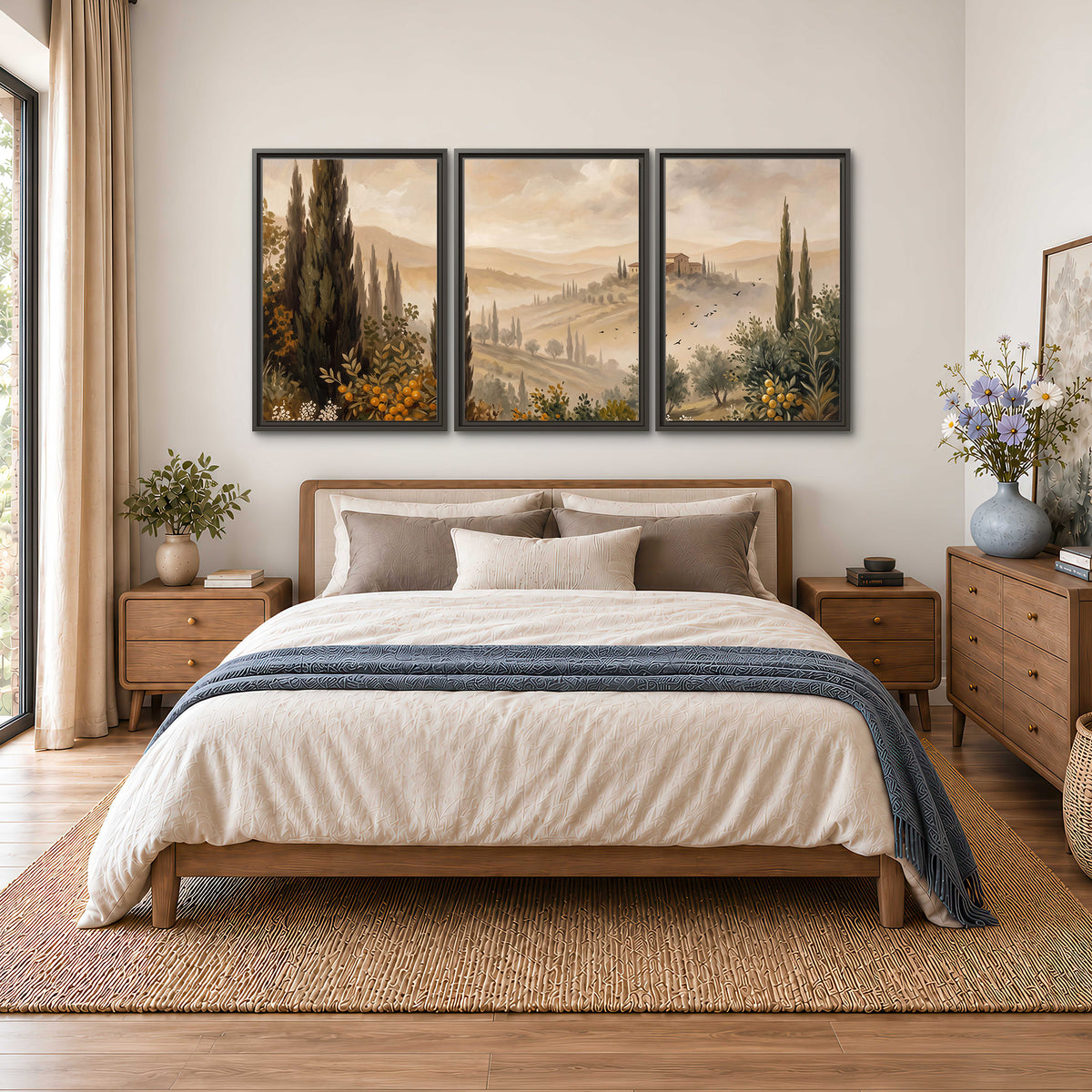 Cypress trees, distant villas and warm rolling hills 3 piece framed canvas wall art styled in an interior
