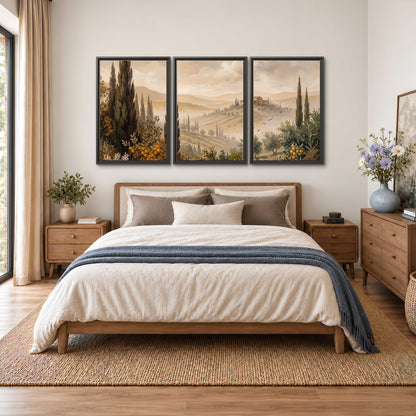 Cypress trees, distant villas and warm rolling hills 3 piece framed canvas wall art styled in an interior