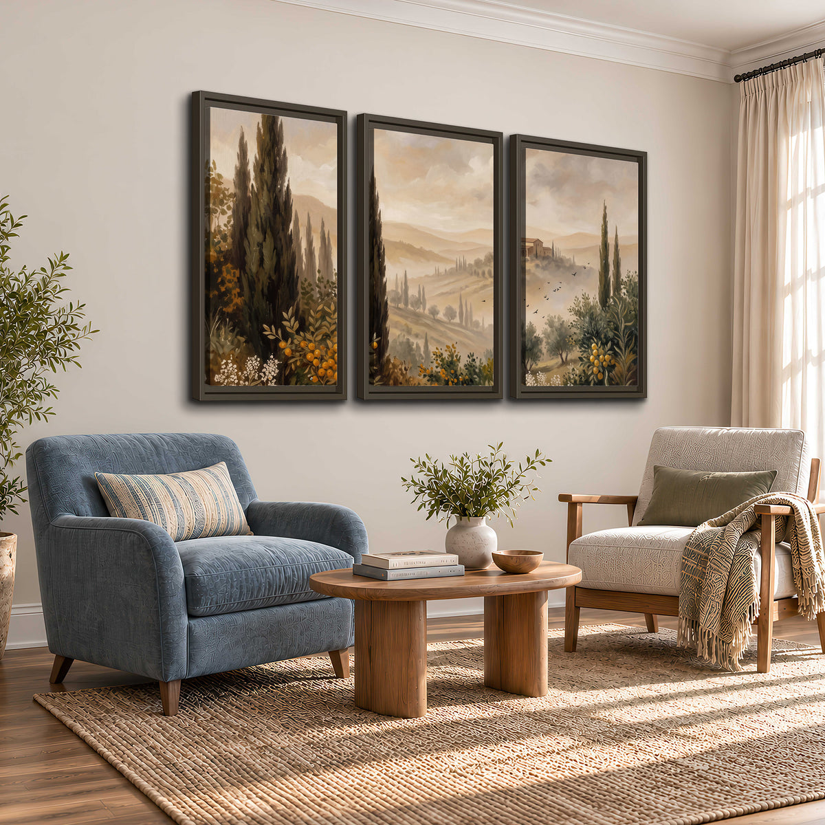 Cypress trees, distant villas and warm rolling hills 3 piece framed canvas wall art styled in an interior