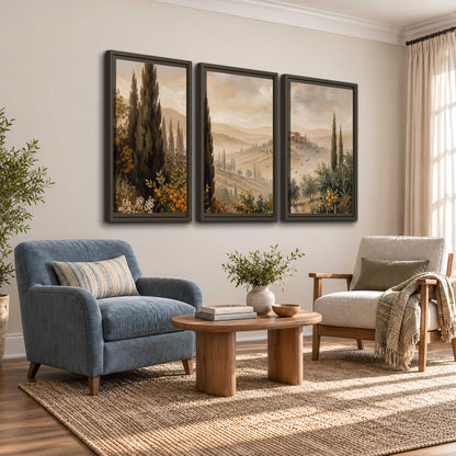 Cypress trees, distant villas and warm rolling hills 3 piece framed canvas wall art styled in an interior