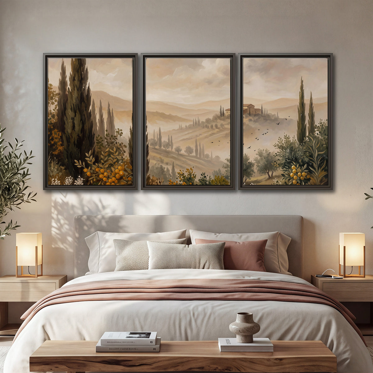 Cypress trees, distant villas and warm rolling hills 3 piece framed canvas wall art displayed in a bedroom