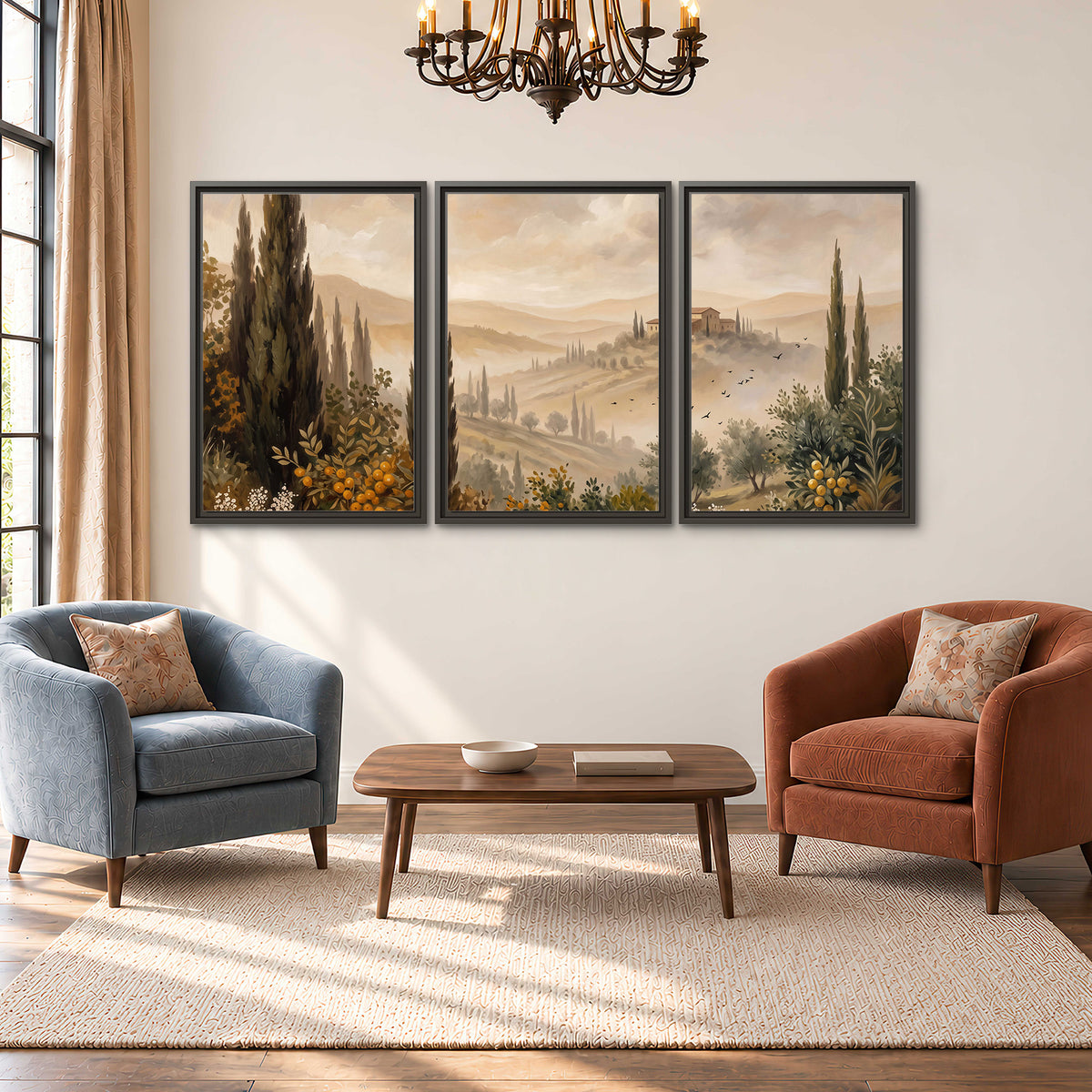 Cypress trees, distant villas and warm rolling hills 3 piece framed canvas wall art styled in an interior