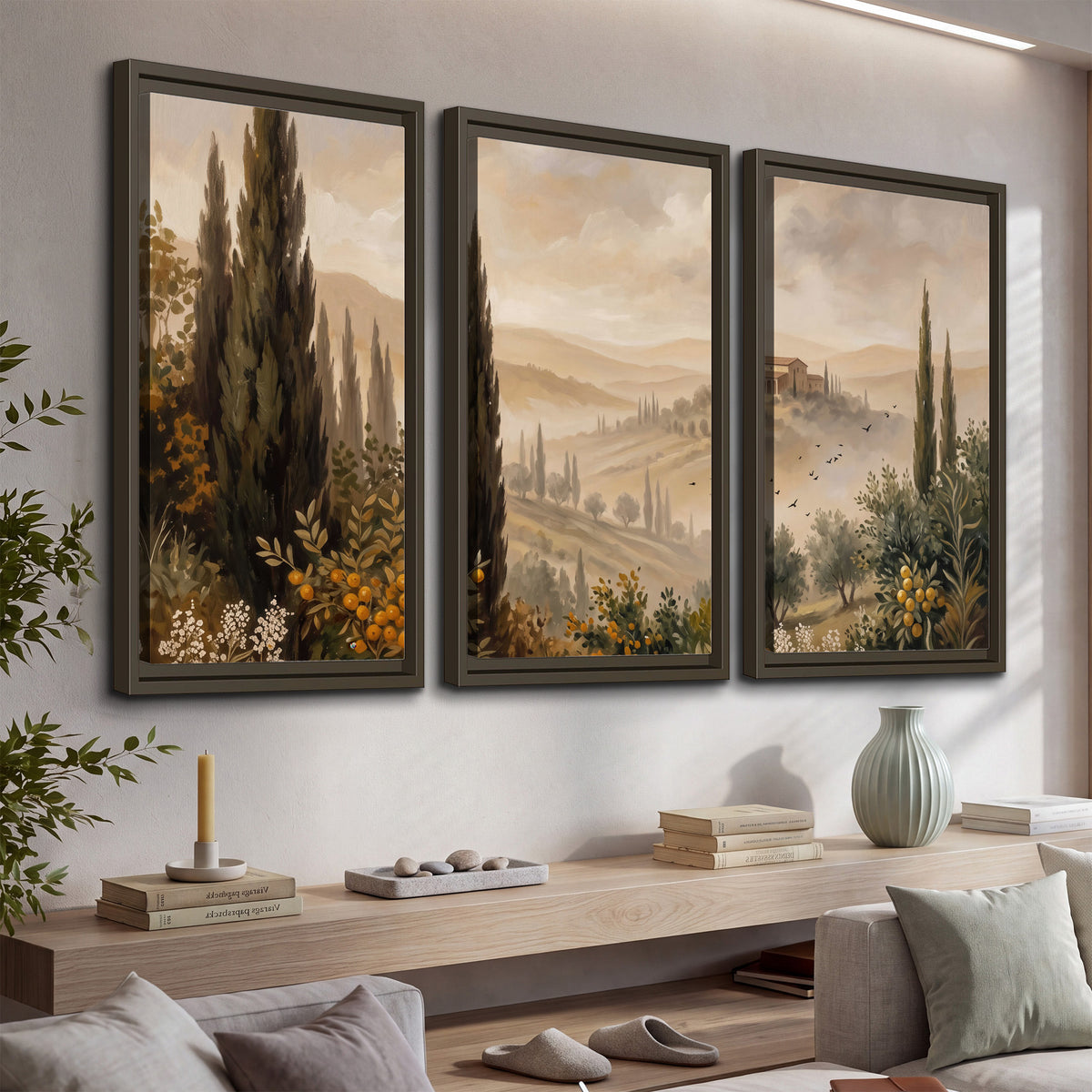 Cypress trees, distant villas and warm rolling hills 3 piece framed canvas wall art displayed in a console