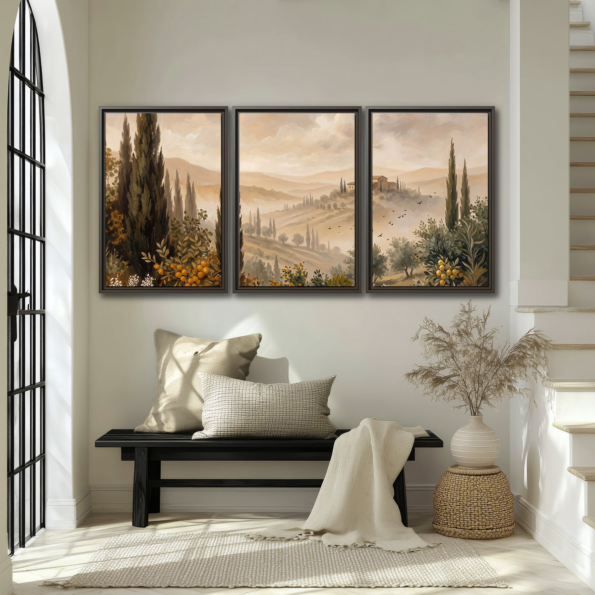 Cypress trees, distant villas and warm rolling hills 3 piece framed canvas wall art displayed in a entryway