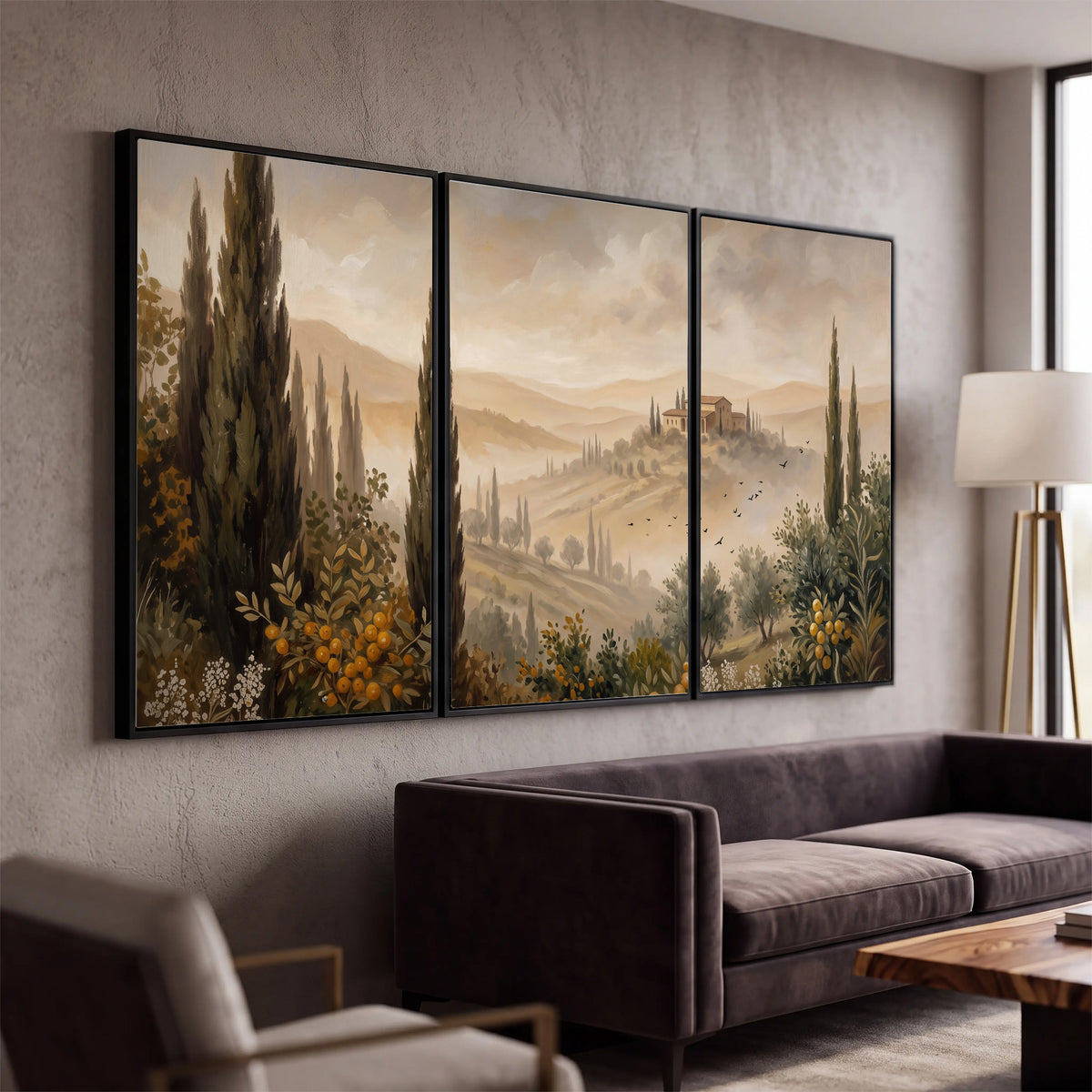 Cypress trees, distant villas and warm rolling hills 3 piece framed canvas wall art displayed in a modern living room