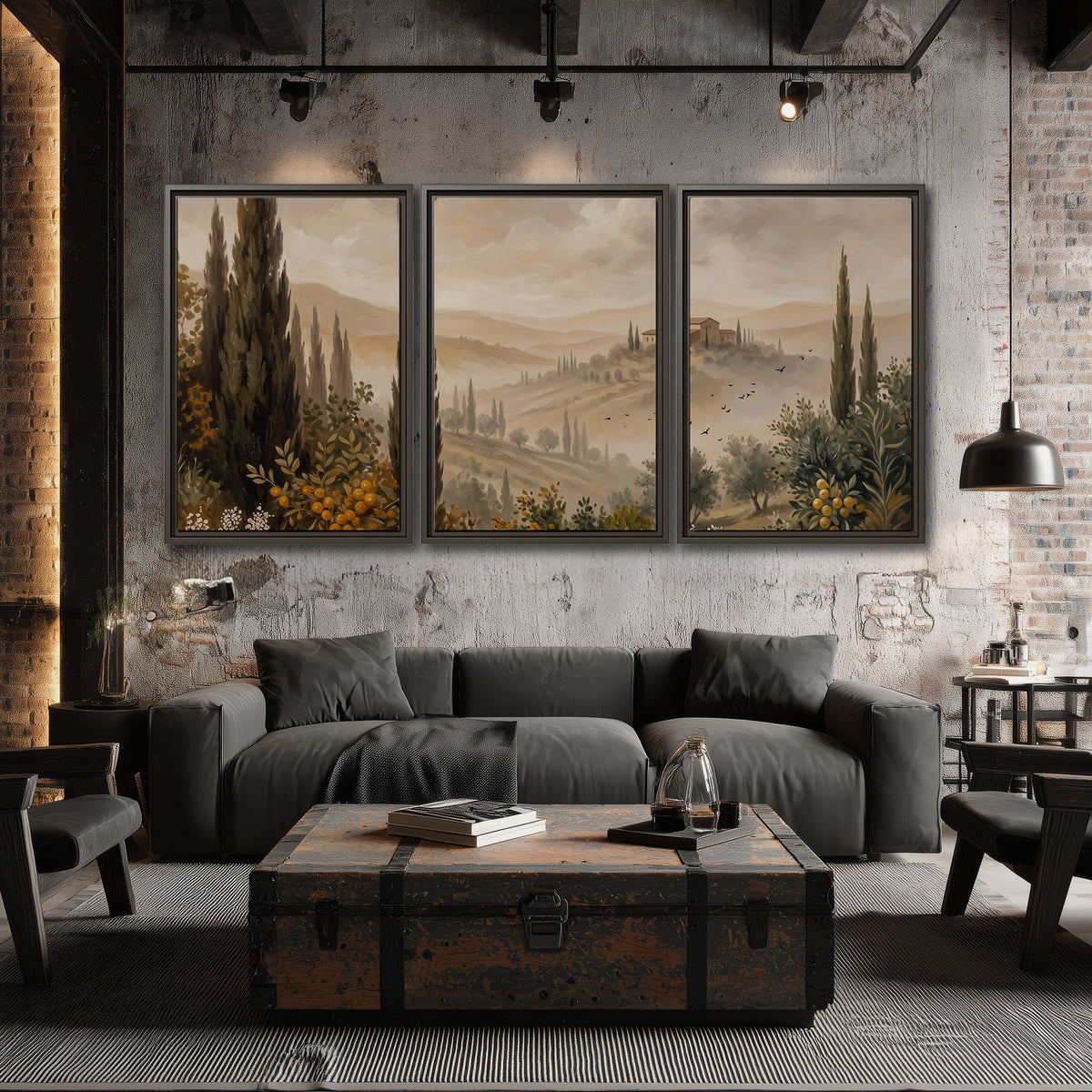 Cypress trees, distant villas and warm rolling hills 3 piece framed canvas wall art displayed in a industrial room