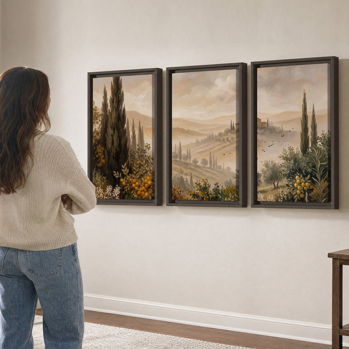 Cypress trees, distant villas and warm rolling hills 3 piece framed canvas wall art three panel arrangement on a wall