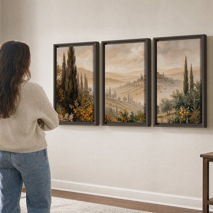 Cypress trees, distant villas and warm rolling hills 3 piece framed canvas wall art three panel arrangement on a wall