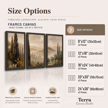 Cypress trees, distant villas and warm rolling hills 3 piece framed canvas wall art available dimensions; triptych dimensions are per panel