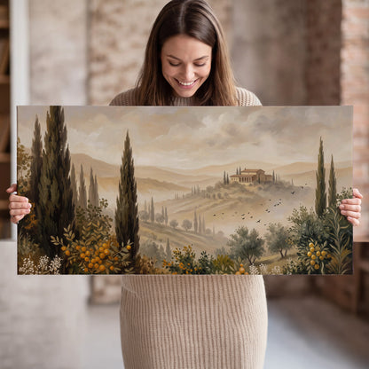 Cypress trees, distant villas and warm rolling hills single canvas wall art held in hands