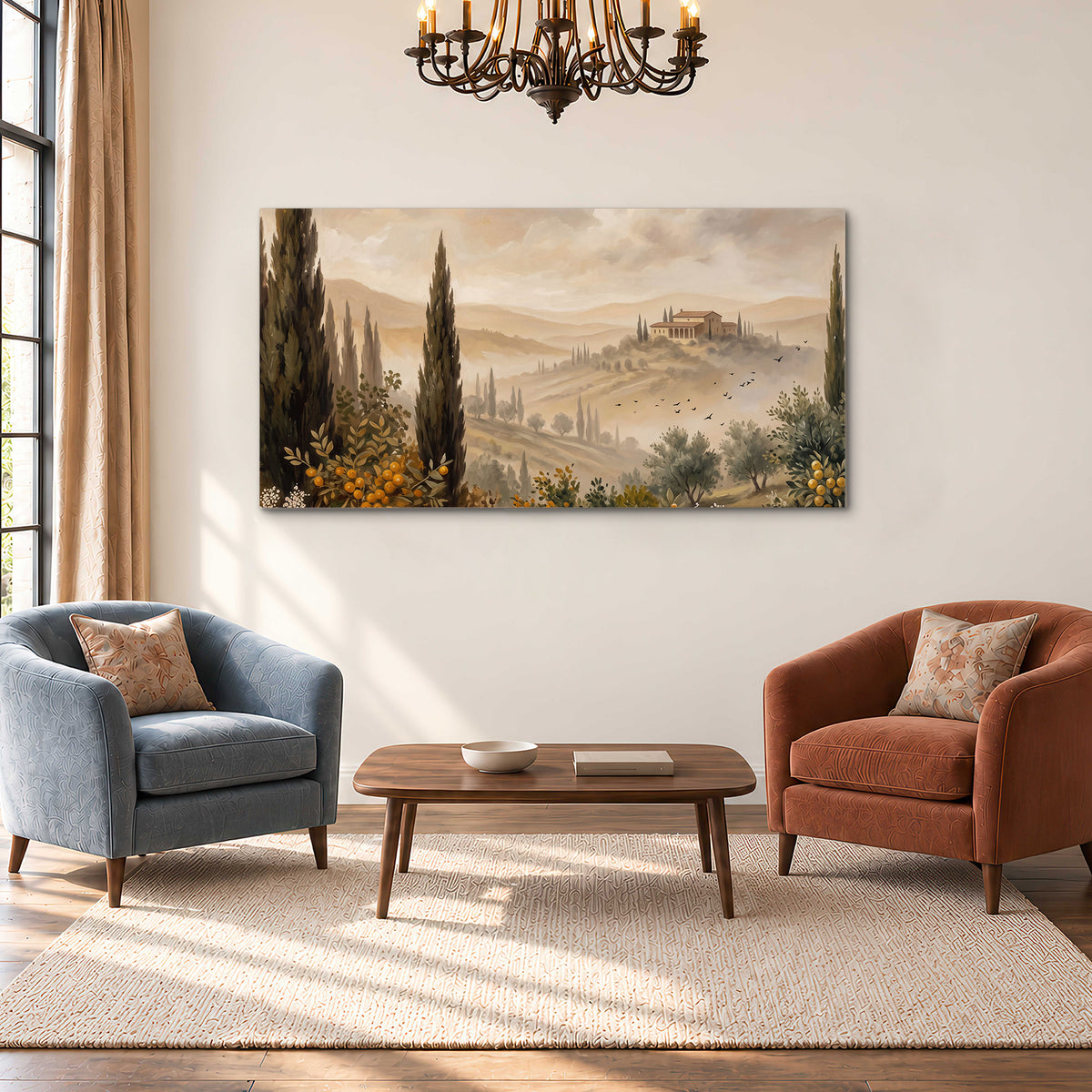 Cypress trees, distant villas and warm rolling hills single canvas wall art styled in an interior