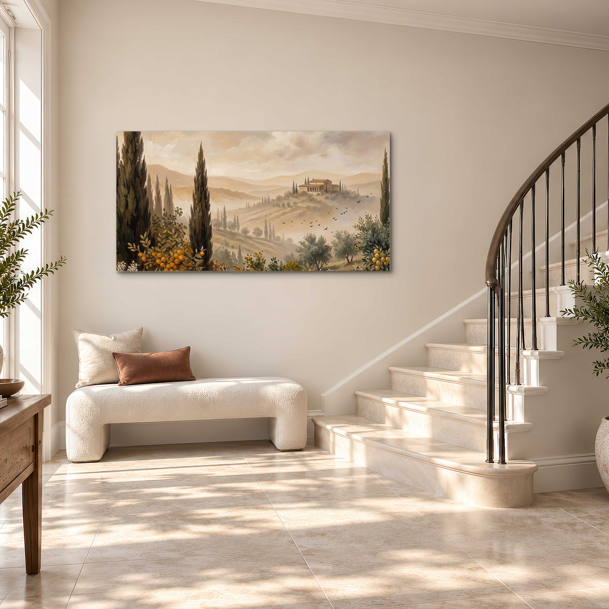Cypress trees, distant villas and warm rolling hills single canvas wall art styled in an interior