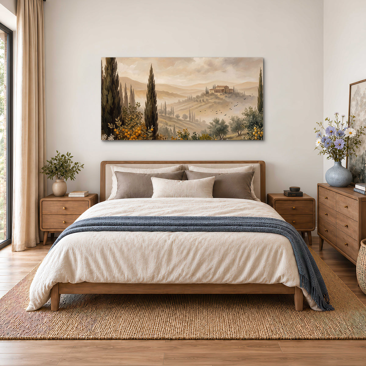 Cypress trees, distant villas and warm rolling hills single canvas wall art styled in an interior