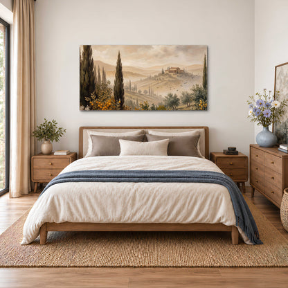 Cypress trees, distant villas and warm rolling hills single canvas wall art styled in an interior