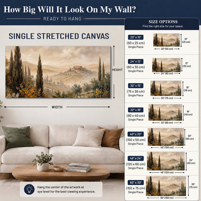 Cypress trees, distant villas and warm rolling hills single canvas wall art size guide above a sofa; room view is illustrative